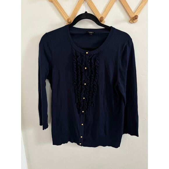 Talbots Sweater Women's Medium Navy Cardigan Button Ruffle Knit - Picture 2 of 7